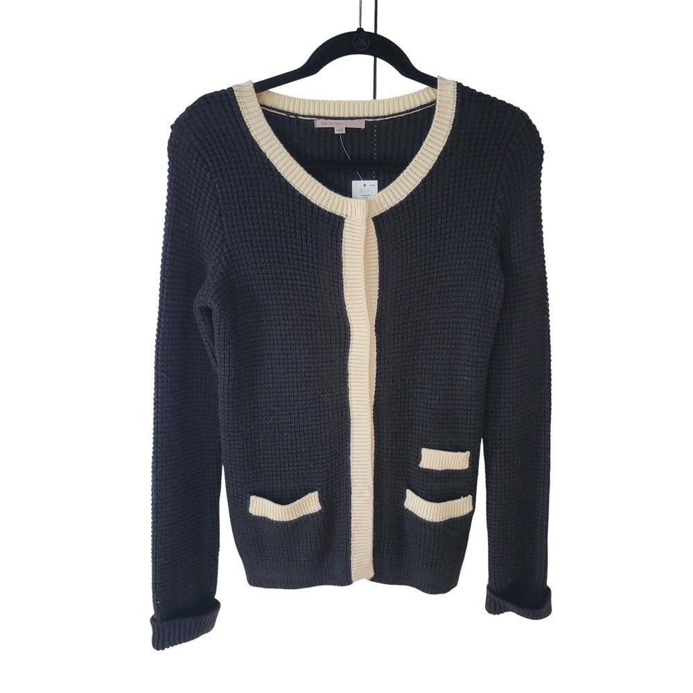 Gap XS Cardigan Womens Navy Blue‎ Cream Contrast Trim Waffle Knit Open Front